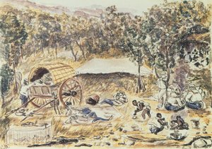 Aftenstop på rejsen til at søge en vej for Lady Nyasas transport fra vandfaldet til søen, ca. 1863 (wc på papir) af English School